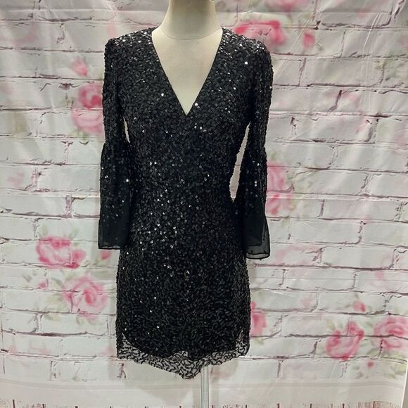 French Connection Women's Cellienne Sequin Bell Sleeve Laced Mini Black Dress 4 - Picture 4 of 13